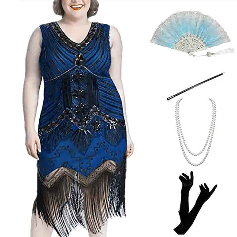 Conjunto de mujer de talla grande 920s Retro lentejuelas Par cena V-ne borla Dr Beadwork vestido de colección de invierno