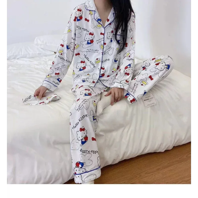 Sanrio Hello Kitty Autumn Cotton Women\'s Pajamas Long Sleeves Pants Two-piece Cartoon Loungewear Casual Silk Pajamas Women