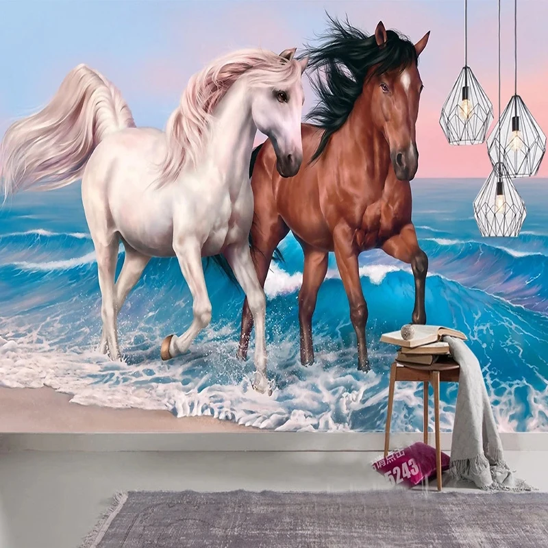 3D European Sea Running Horse Oil Painting Wallpaper Living Room TV Sofa Backdrop Wall Mural Classic 3D Moisture-Proof 3D Fresco