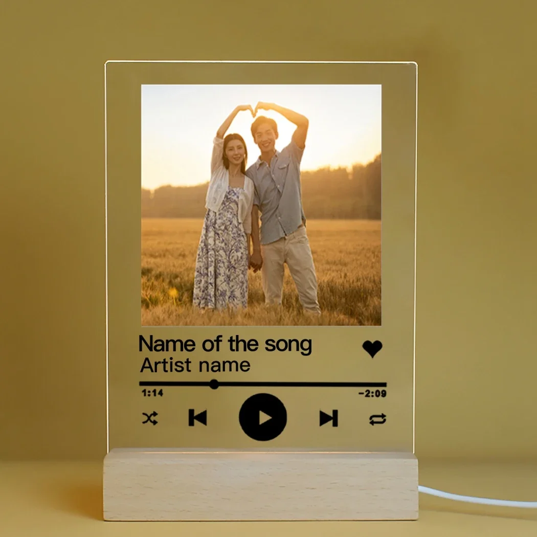 Customized Couple Photo Frame Song Music Code Personalized Image Acrylic Board Wooden Led Lamp Night Lamp Anniversary Gift