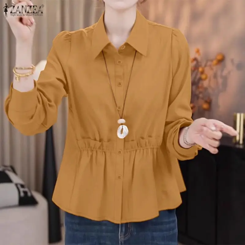 ZANZEA Fashion Women Lapel Neck Long Sleeve Shirt 2026 Spring Autumn Blouse Casual Solid Button Blusas Stylish Flounce Work Tops