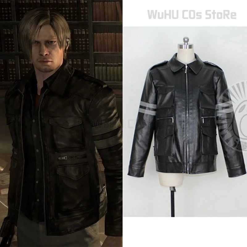 

Resident 6 Leon Kennedy Cosplay Costume Black Coat Leon Pu Leather Coat Evil Tee For Man Men Women Leotard Adult Coat