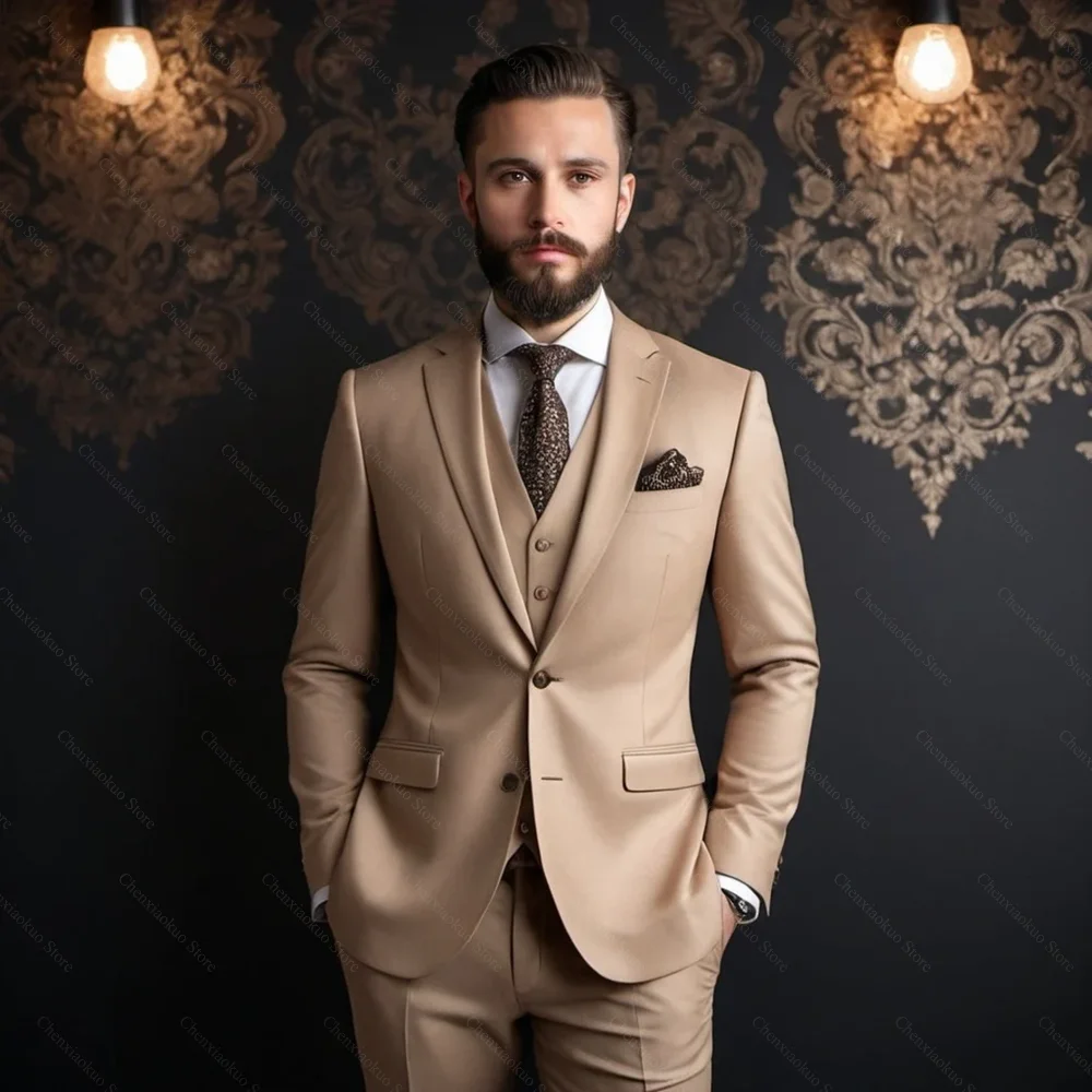 

Khaki Men Suits 3 Piece Chic Notch Lapel Single Breasted Outfits Formal Elegant Wedding Groom Party Tuxedo Slim Male Suit