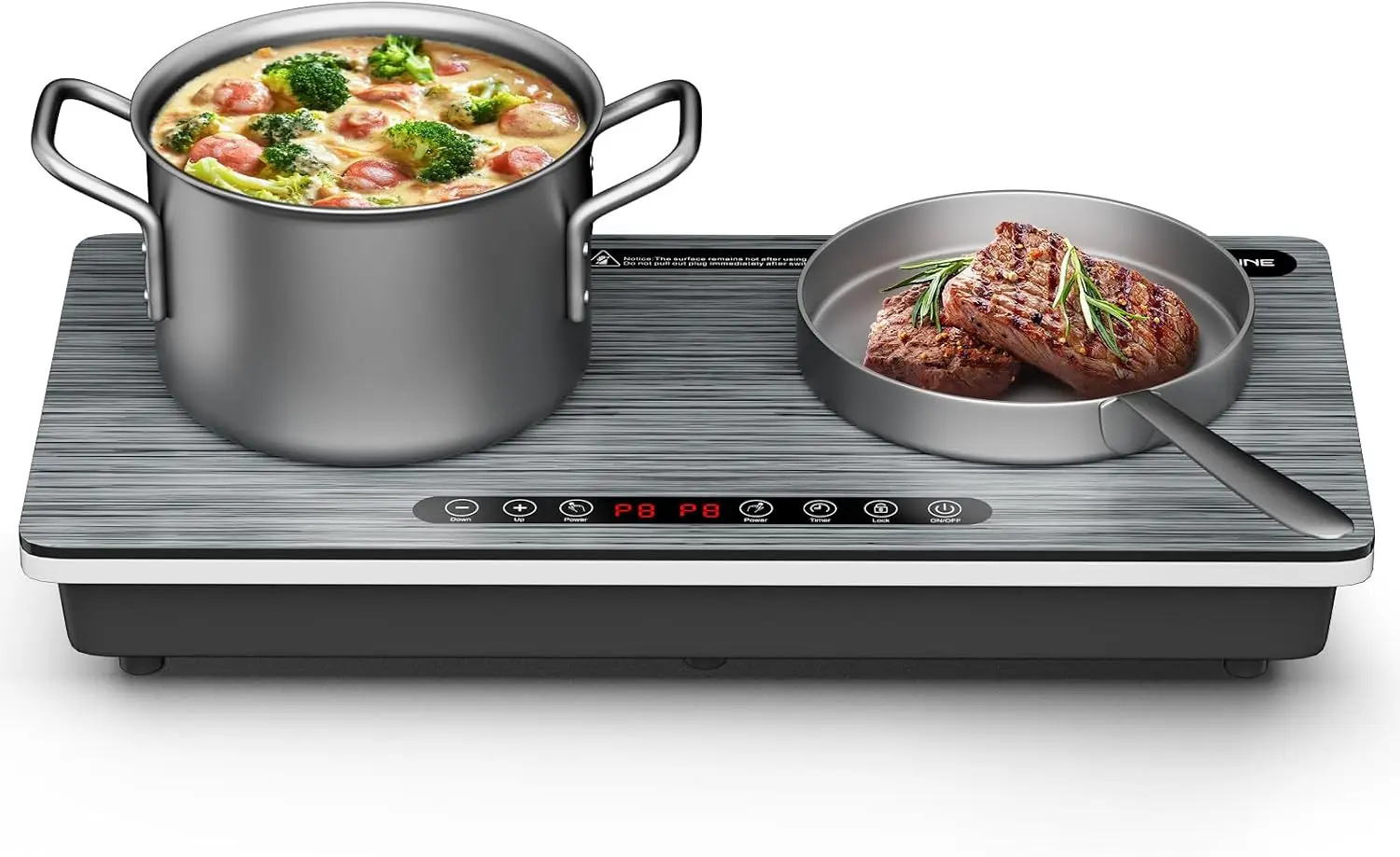 Double Induction Cooktop 1800W with Wood Grain Panel, Dual 900W Burners Portable Electric Stove, Touch Control, 8 Temperature