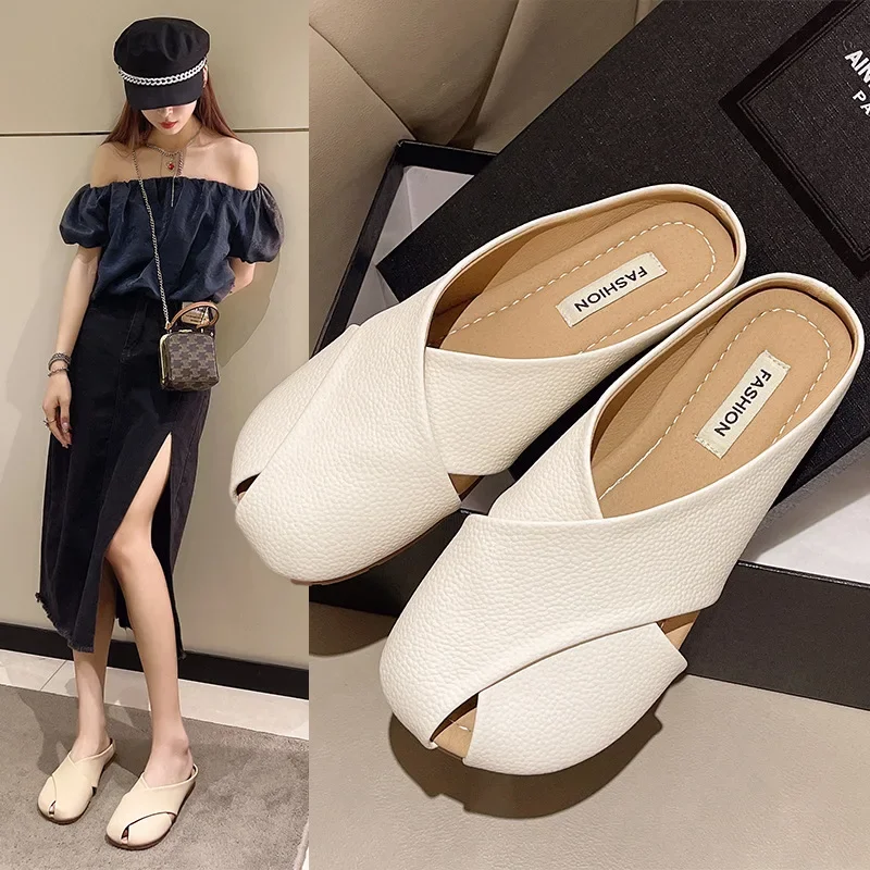 Fashionable Mulder Women's Outer Wear 2024 Summer New Korean Style Soft Bottom Sandals Half Drag Shoes Adults Indoor And Outdoor