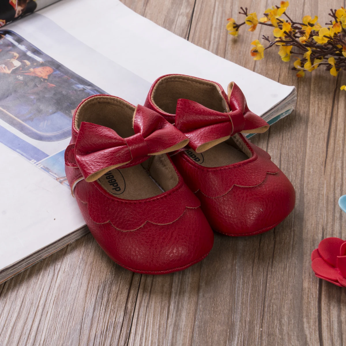 EWODOS Infant Baby Girls Bowknot Mary Jane Baby Girls Flat Shoes Red First Walker BowKnot Solid Soft Sole Shoes Newborn Girls