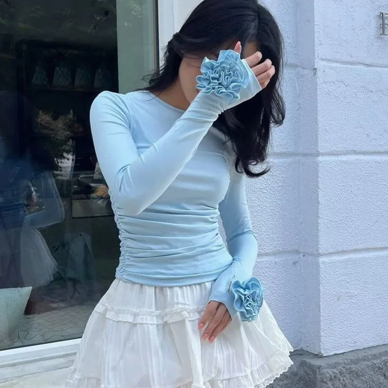 Camiseta larga ajustada con diseño Floral 3D para mujer, camiseta transfronteriza para otoño e invierno, nueva longitud redonda Ne ort