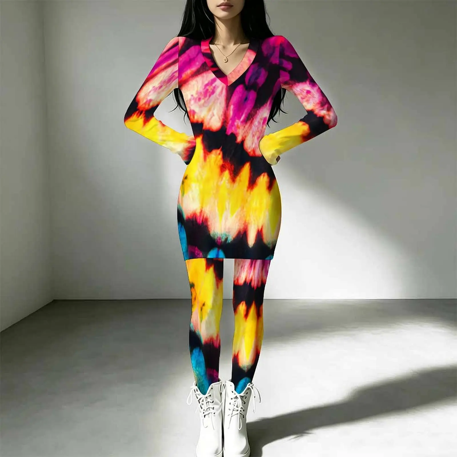 2pcs Trendy Jogging Pants Winter Slim Long Sleeve V-neck Top Autumn Daily Outfit Two-Piece Set Women's Fashion Tight Pants