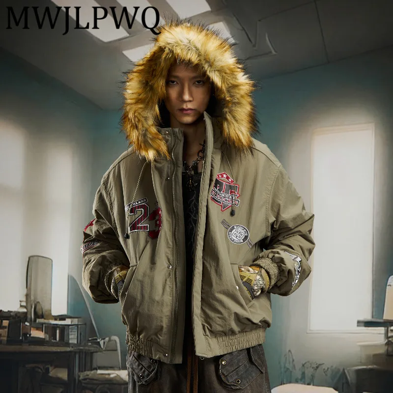 

MWJLPWQ Мужское хлопковое пальто с вышивкой в американском стиле, пушистое пальто с капюшоном, свободное мужское пальто с уличным принтом, осень-зима 2021, с подкладкой 12613