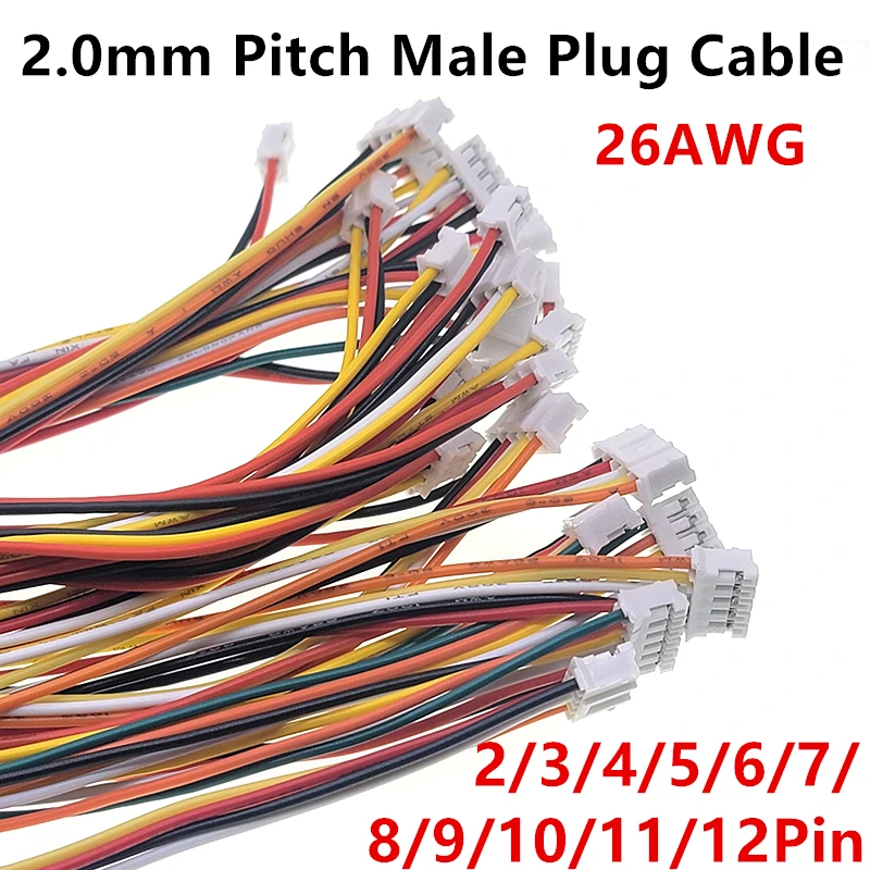 PH2.0 2P/3/4/5/6/7/8/9/10/11/12Pin 26AWG JST Wire Connectors 2.0mm Pitch Micro Male Plug DIY Electrical Cable Adapter 10/20/30CM