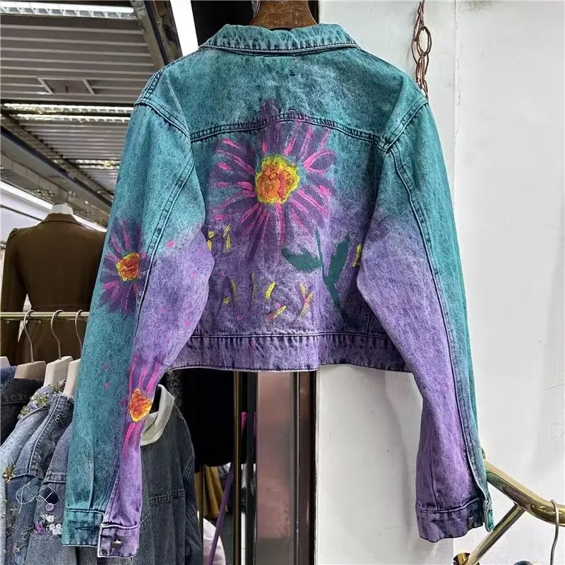 Women Floral Letters Graffiti Printed Denim Jacket Spring Autumn Flowers Hand Painted Jeans Coat Long Sleeved Cowboy Cardigan