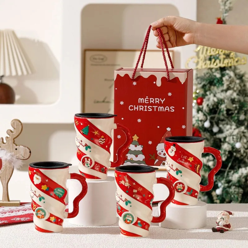 

Hot Christmas Threaded Elk Couple Ceramic Mug Trendy Water Cup Home Office Milk Breakfast Cup Handheld Gift with Lid Gift Box
