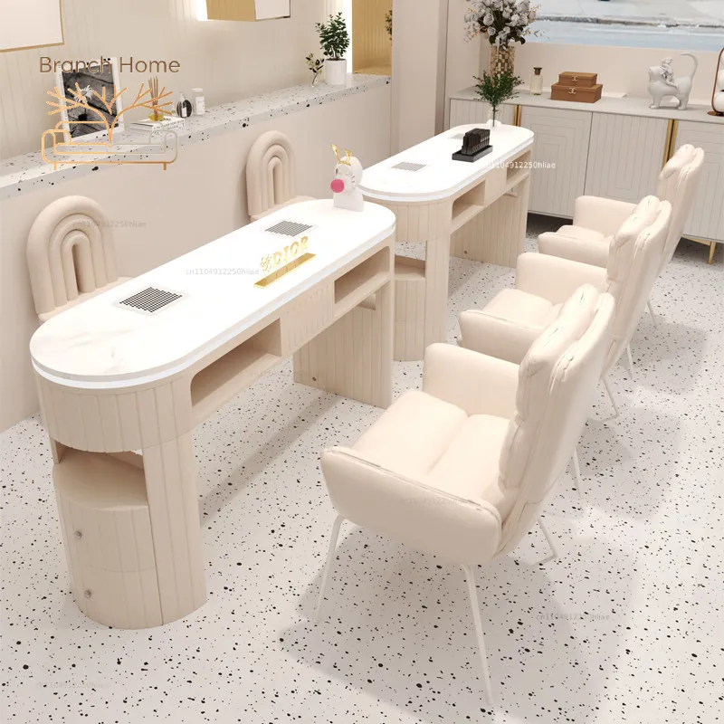 High-end cream style manicure table and chair set marble desktop with vacuum cleaner socket manicure table