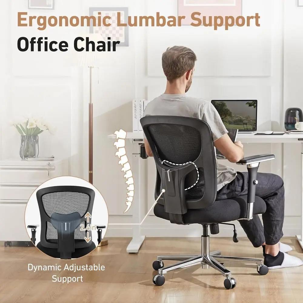 Ergonomic Home Office Desk Chair - Heavy Duty Mid Back with Lumbar Support & 4D Armrest, Height Adjustable Mesh Computer Gaming