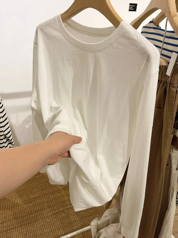 

plus Size Women's Long Sleeve T-Shirt Embroidered Letter Pure Color Loose Thin Cotton Spring Autumn Casual Style Base Shirt