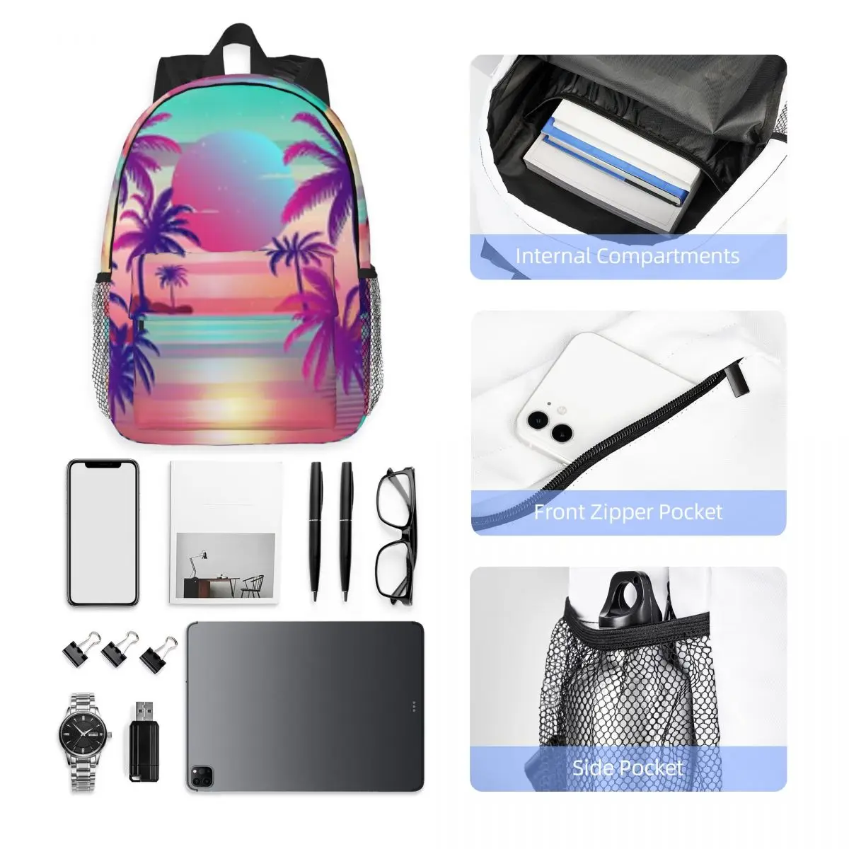 Vaporwave Sac à dos léger imprimé Palm Trees, sac d'école à la mode, esthétique, nouveau, 15 pouces