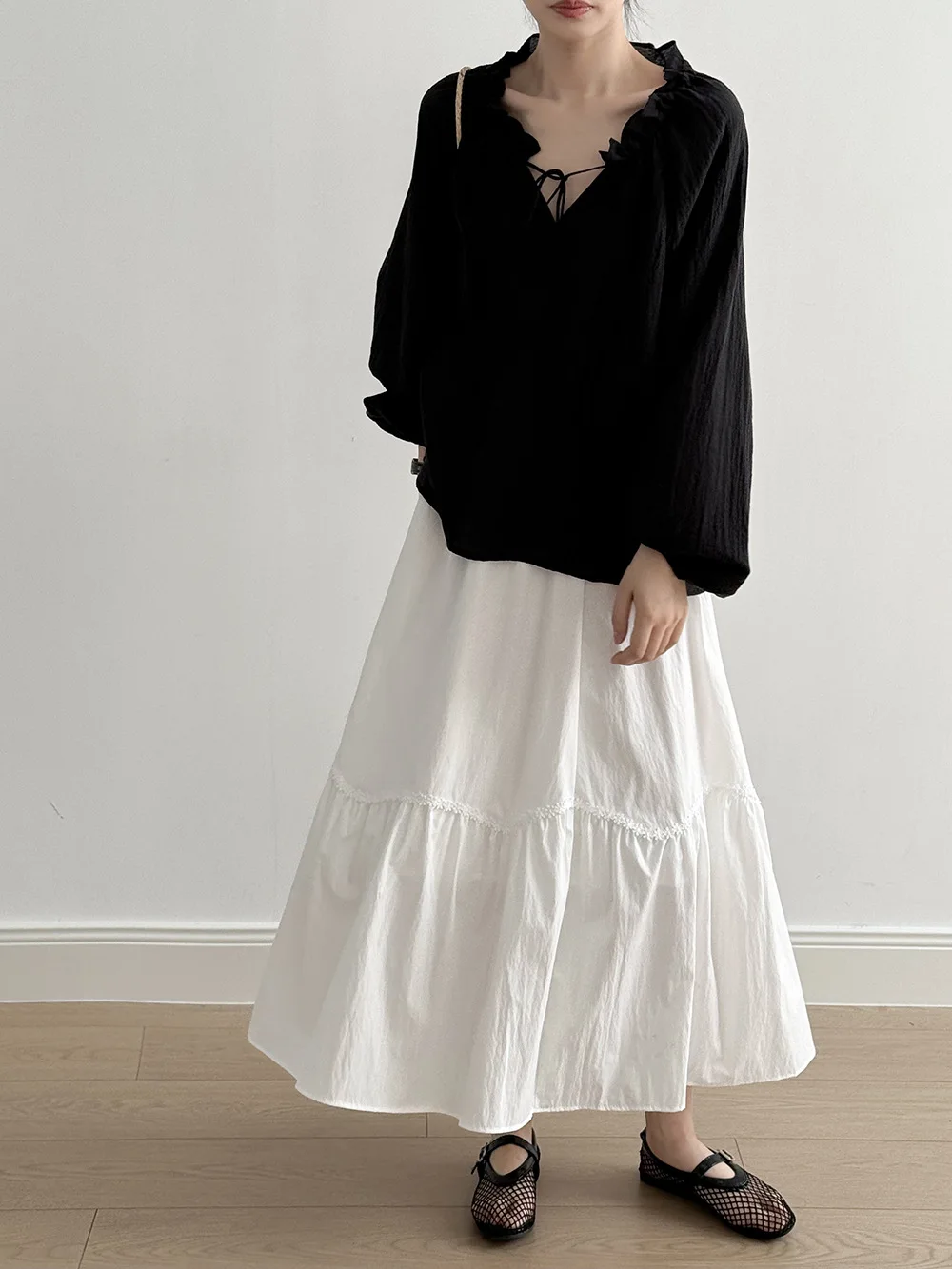 Französisch Stil Frauen Weiß Patchwork Rock Sommer Neue Hohe Taille Einfarbig Große Schaukel A-Line Vielseitig Langen Rock