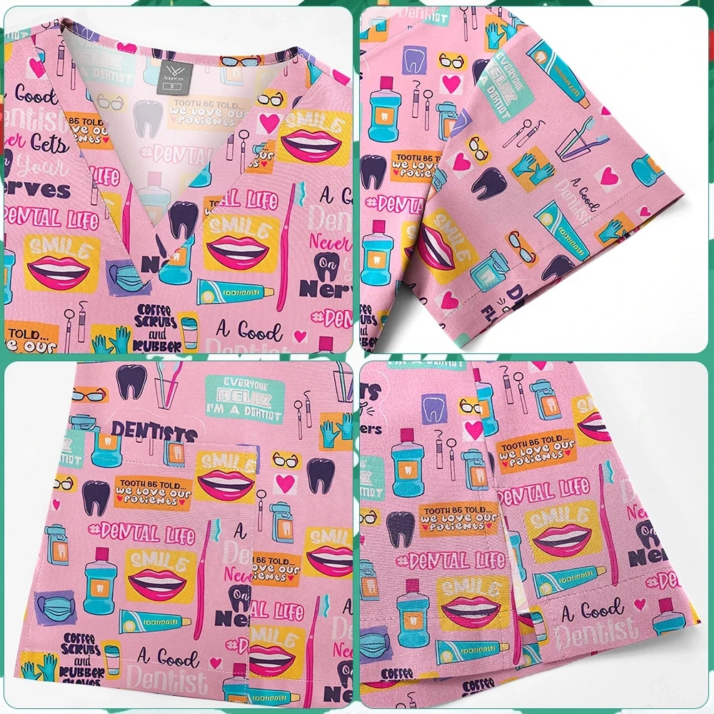Stretch Cute Cartoon Print Nurse Uniforms Women Men T-shirts Pocket Casual Short Sleeve Pullover V-neck Scrubs Tops Lab Workwear view 3