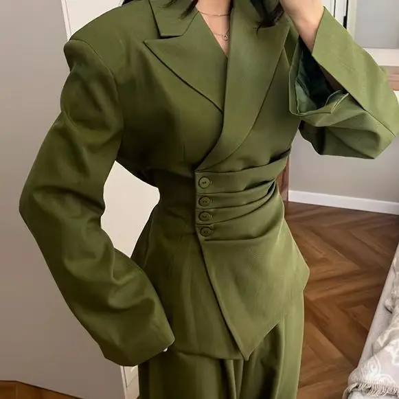 Lady Slim Fit Button Waist Pleated Blazer Set 2026 Casual Office Padded Shoulder Lapel Jacket Cuffed Harem Pants 2-piece Outfits