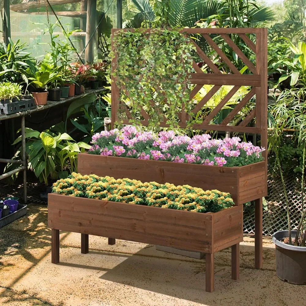 

2-Tier Standing Planter Box with Legs and Drain Holes, Outdoor Elevated Garden Trellis for Vine Climbing, Flower Vegetable