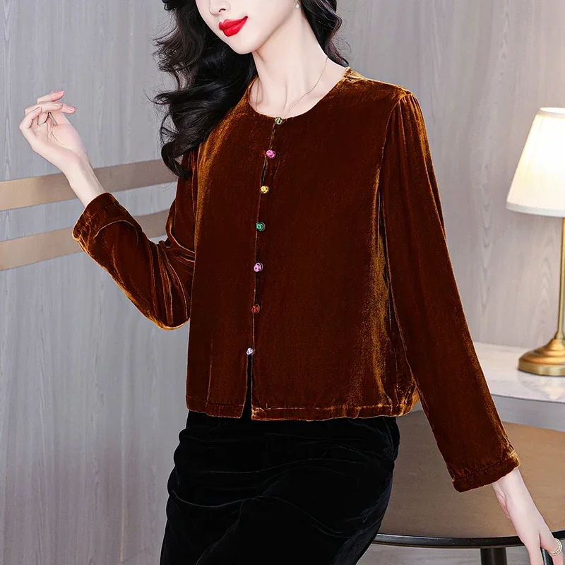 

Spring Autumn Red Floral Velvet Warm Top Coats Women Long Sleeve Bodycon Blouses 2025 Korean Vintage Elegant Luxury Shirt