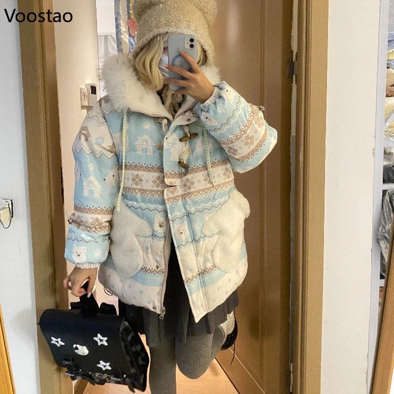 الخريف الشتاء Kawaii لوليتا نمط سترات المرأة الحلو لطيف الكرتون جرو طباعة وسادة مبطنة الفتيات الكورية الدافئة فضفاض معطف مقنع #3