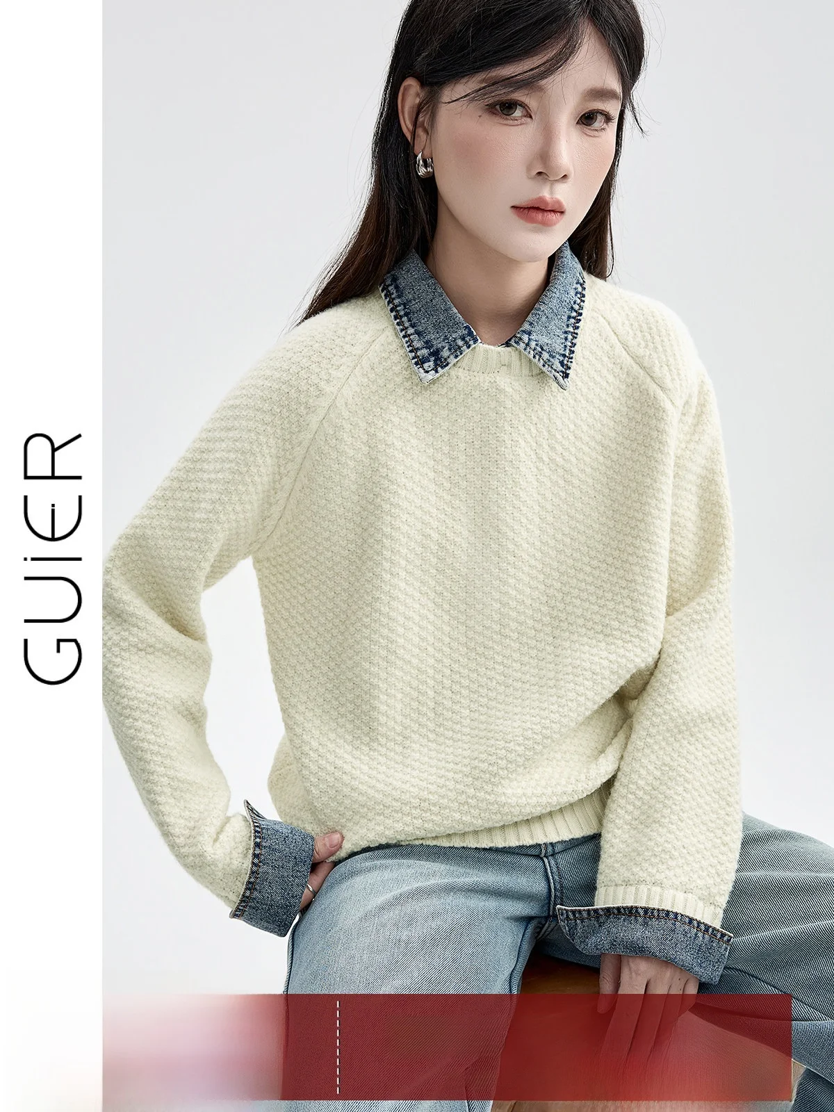 

Женский вязаный топ Guier Denim с эффектом двухслойности, осенне-зимняя новинка, с оригинальным дизайном, повседневный, с воротником-стойкой