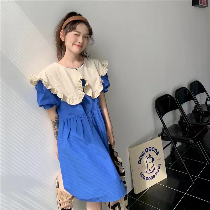 

InsSummer Dresses for Women Korean Preppy Style Contrast Color All-match Fashion Peter Pan Collar Aesthetic Temperament Youthful