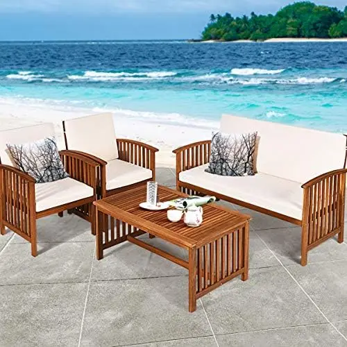 Outdoor 4 Pcs Acacia Wood Sofa Set w/Water Resistant Cushions, Padded Patio Seating Chat Set w/Coffee Table for Garden