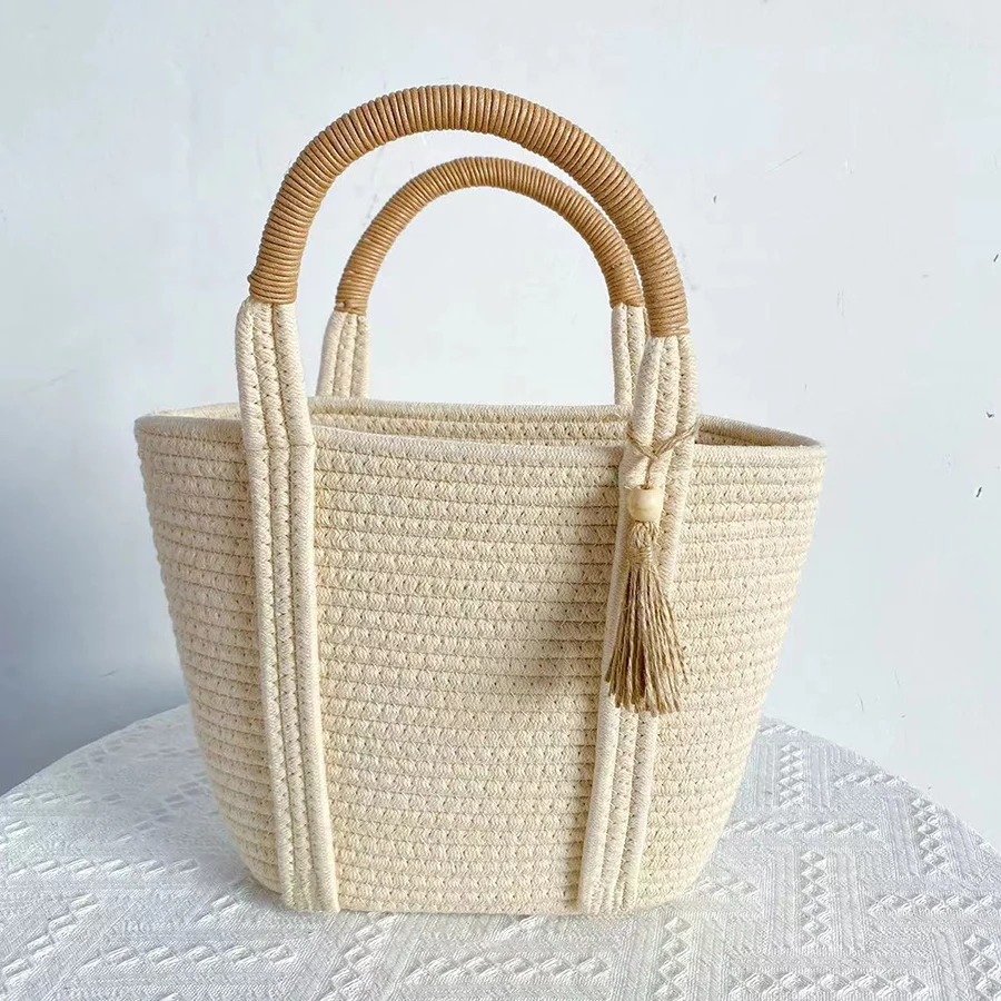 Ins New Hand-held Cotton Bag Holiday Leisure Street Clap Hand-held Bag Art Beach Bag Simple Commuter Bag Woven Totes Bag Casual