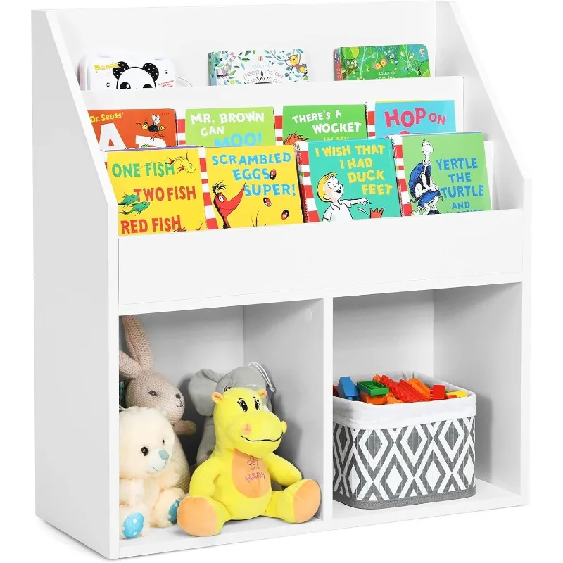 

Kids Bookshelf, Wooden Toy Storage Cabinet Organizer with Shelves & 2 Large Cubes, 2-in-1 Children Bookcase Display Sling