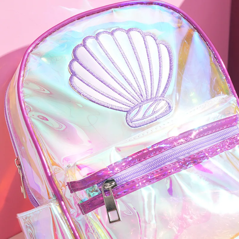 Mochila láser colorida transparente personalizada para niña, mochila de ocio bonita impermeable para niños, cola de pez de concha