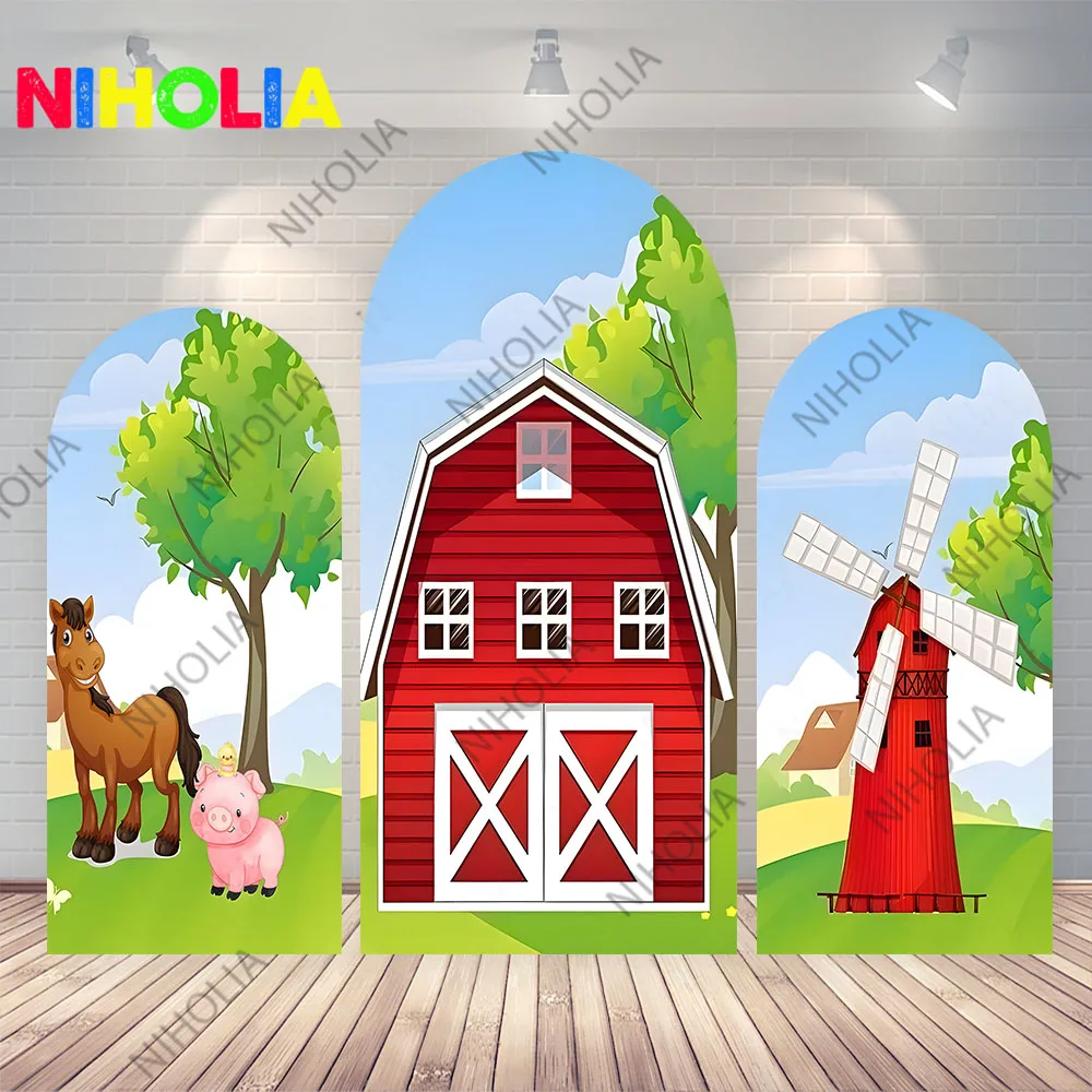 レッドファームアニマルズアーチ背景誕生日パーティーアーチカバー写真背景両面写真小道具