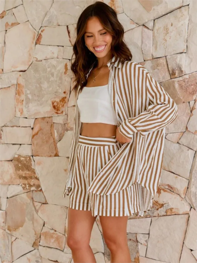 2024 Summer Short Sets Fashion Casual 2 Piece Sets Women Outfit Long Sleeve Shirt Striped Suit Two Piece Set Office Clothes