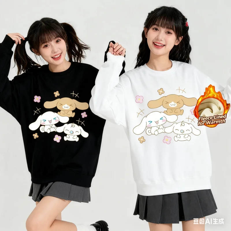 تي شيرت بأكمام طويلة ورقبة دائرية مطبوعة من سلسلة سانريو، تي شيرت لطيف ودافئ مبطن بالصوف برقبة دائرية وأكمام طويلة، قطن 100% #3