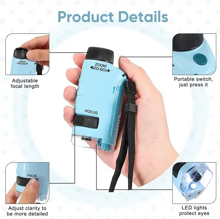 Handheld Mikroskop Kit Labor LED Licht 60X-120X Labor Mini Handheld Batterie Betrieben Mikroskop Mit LED Licht Kinder Wissenschaft Kinder – Detail 1