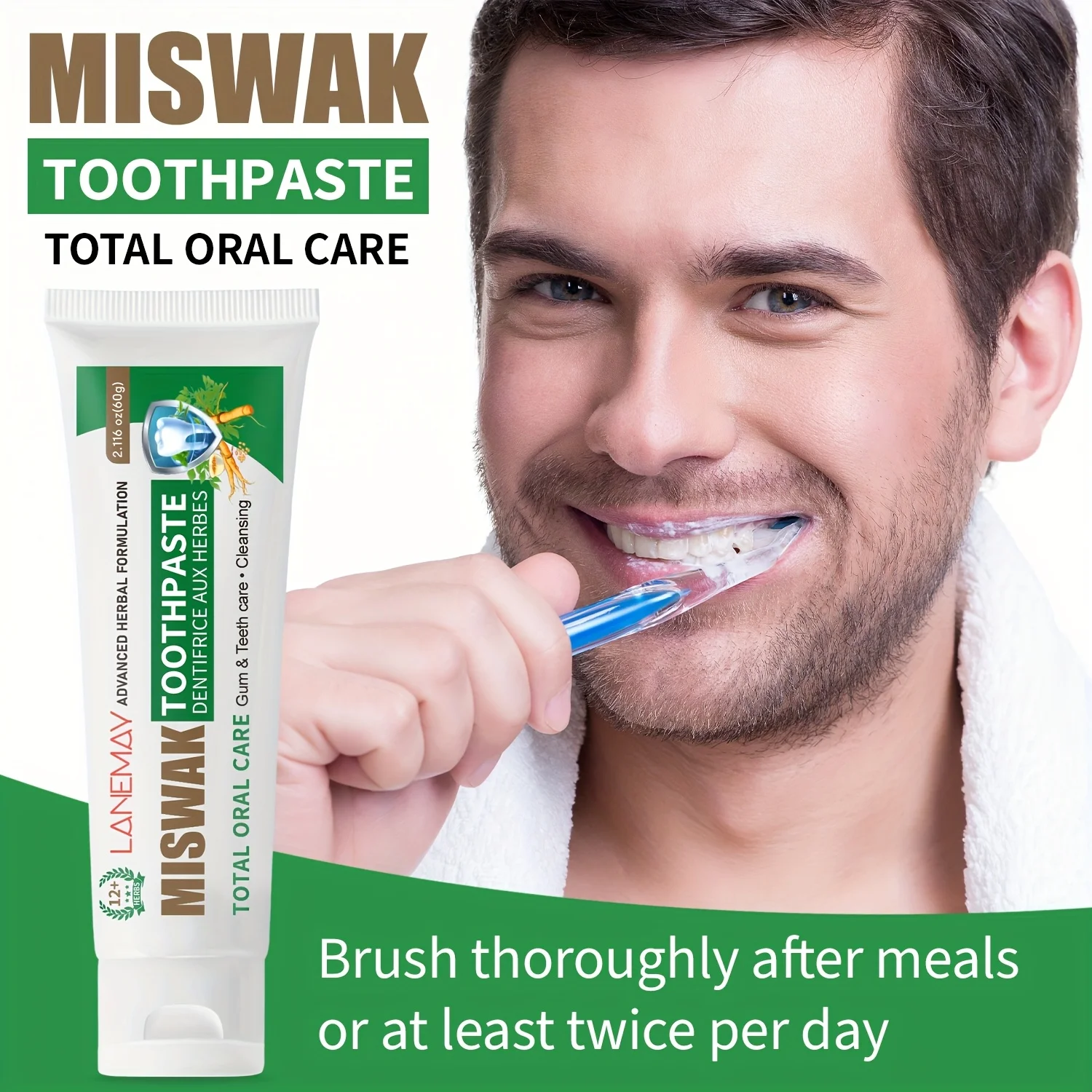 Miswak Toothpaste Natural Herbal Formula with Neem & Clove - Fluoride Free for Teeth & Gums, Fresh Breath, 60g