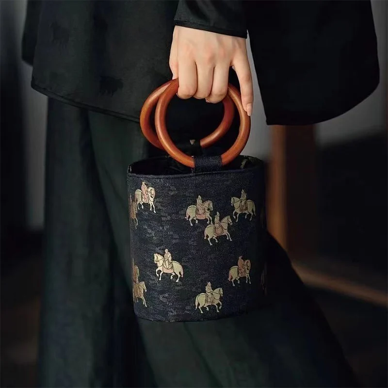 Round Bucket Chinese Style Circular Handle Handbags Women Elegant Ladies Vintage Cloth Wallets Bags