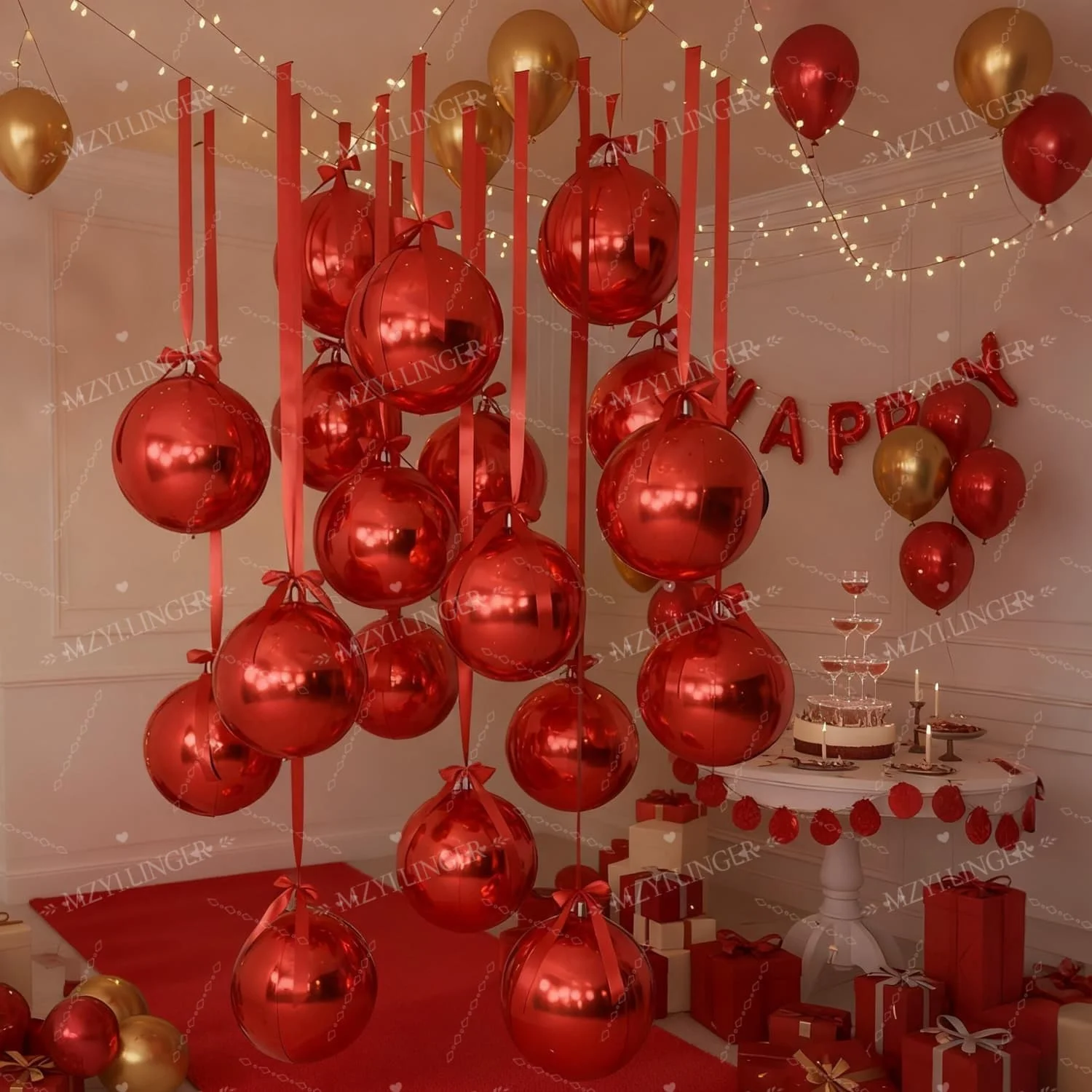 12 Stück rote 4D-Ballons, 22 Zoll, zum Aufhängen, runde 4D-Folienballons in Rot, passend zu roten Bändern, für Weihnachts-, Geburtstags- und Hochzeitsdekoration, Globo. – Detail 5