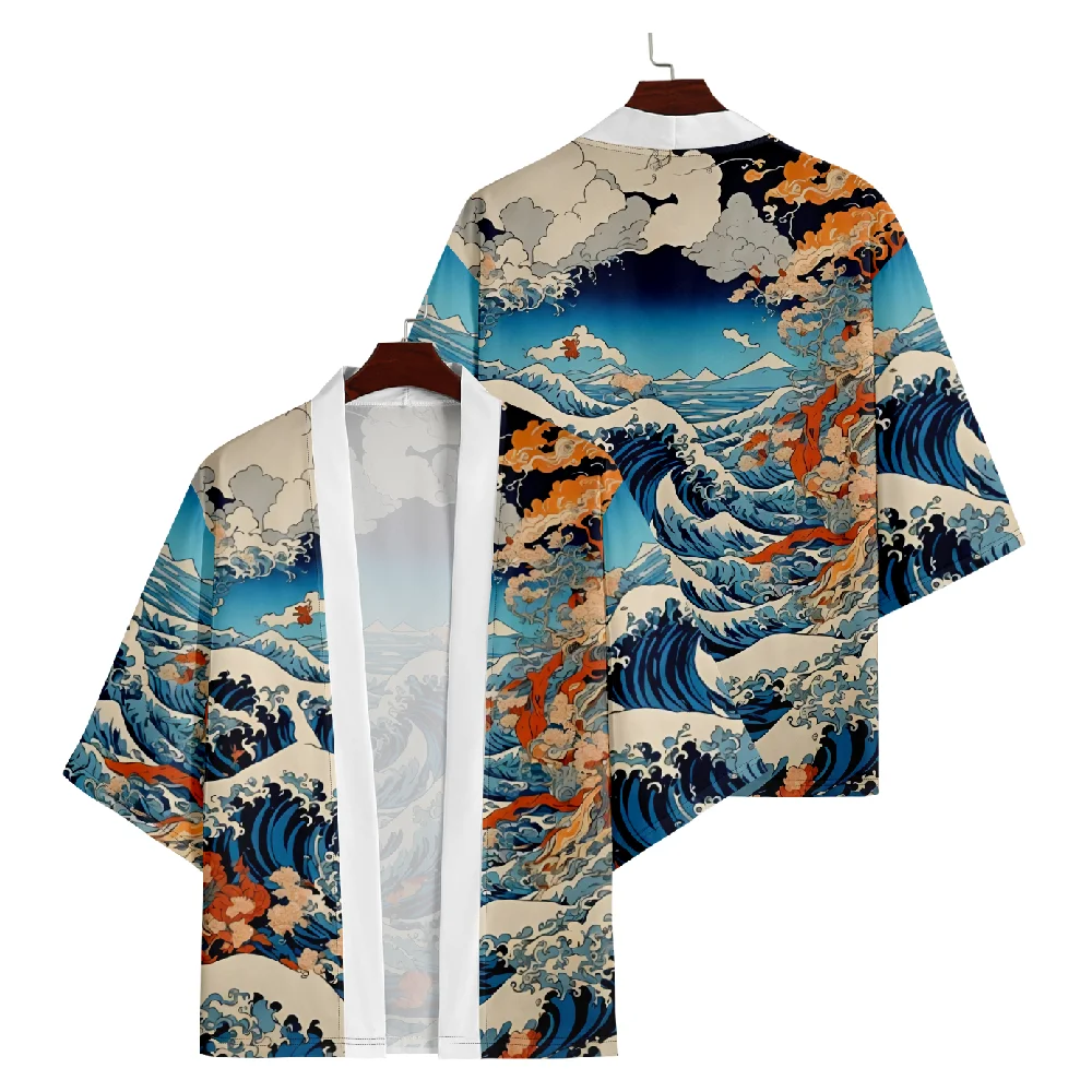 

Japanese Anime Wave Print Samurai Kimono Harajuku Men Women Cardigan Haori Summer Beach Yukata Asian Clothing