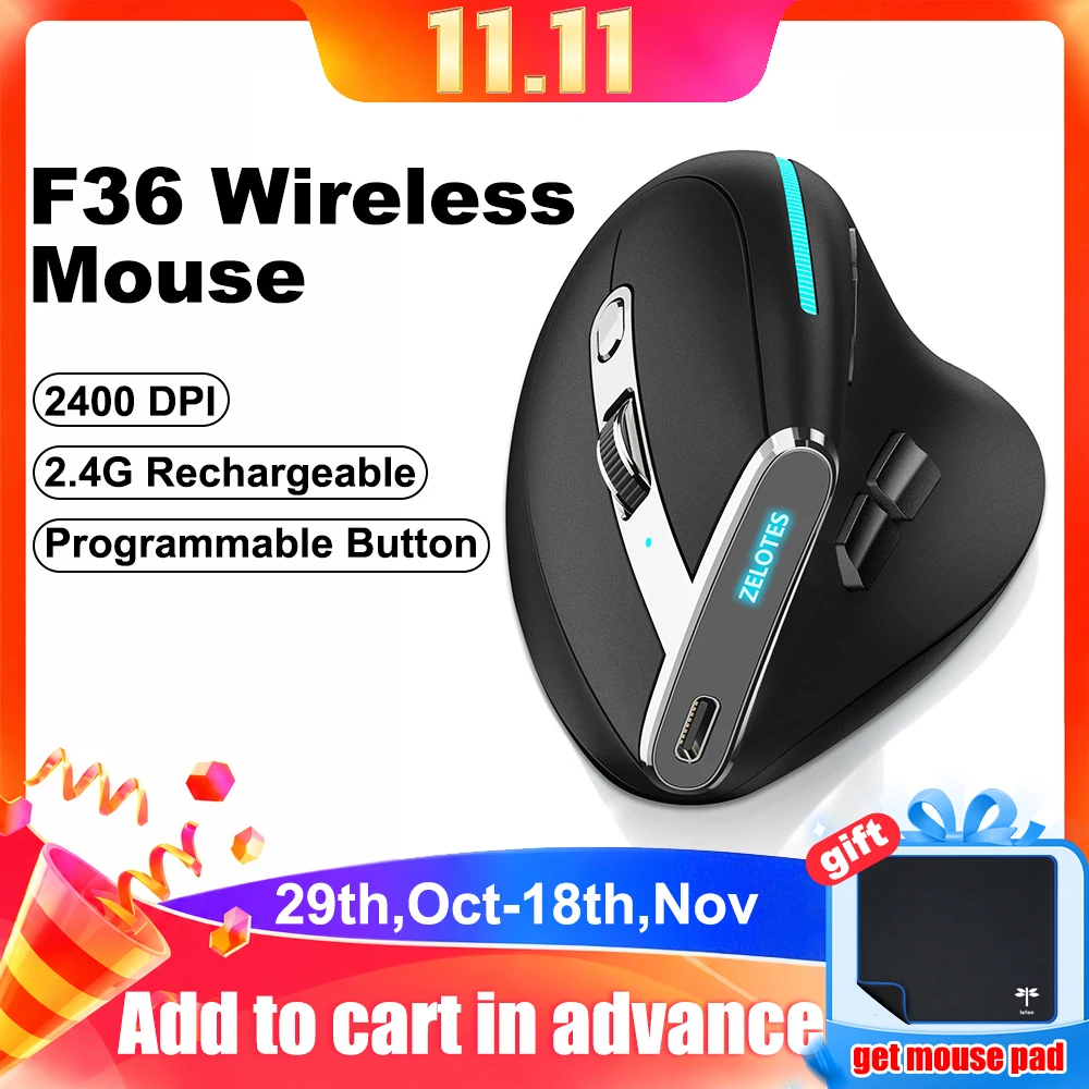ZELOTES F36 Vertical Wireless Mouse Bluetooth Ergonomic Mice 2.4G Rechargeable Programmable Gaming Mouse 2400DPI for Laptop PC