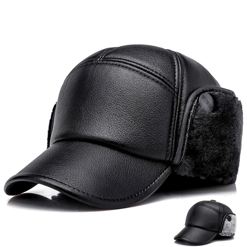 Middle-Aged And Elderly Pu Hat Male Winter Dad Grandpa Thermal Hat Thick Warm Leather Hat Old Man Ear Protection Cap