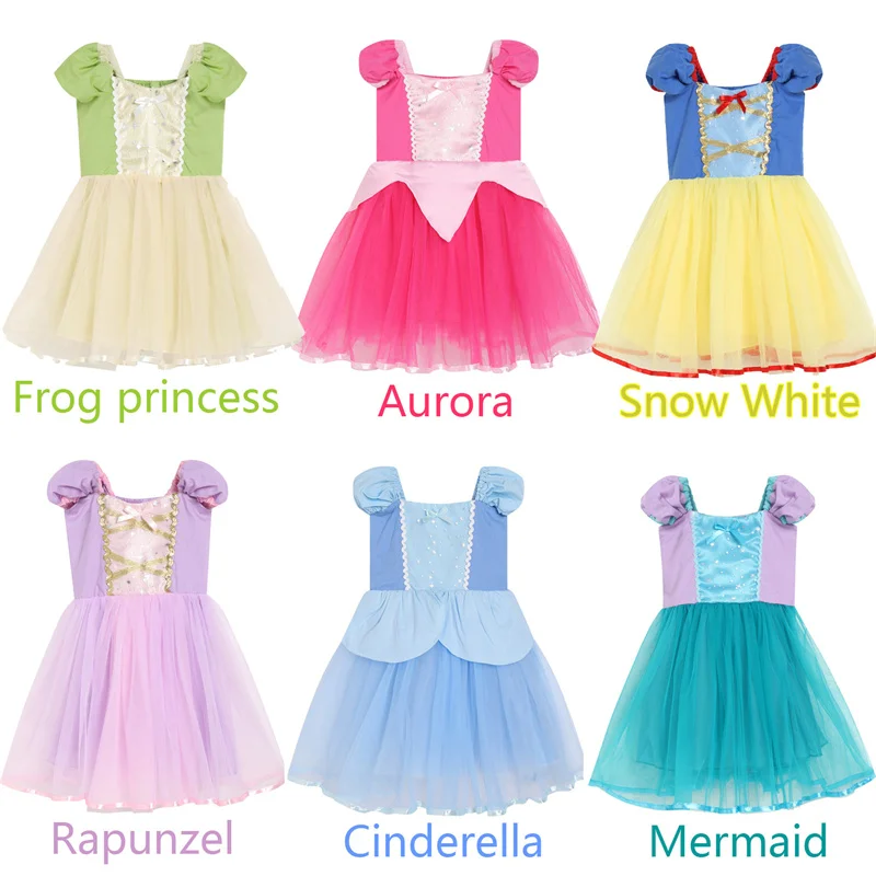 Fancy Baby Pure Cotton Girls Clothes Frog Princess Aurora Snow White Rapunzel Cinderella Mermaid Dresses For Girls Holiday Party