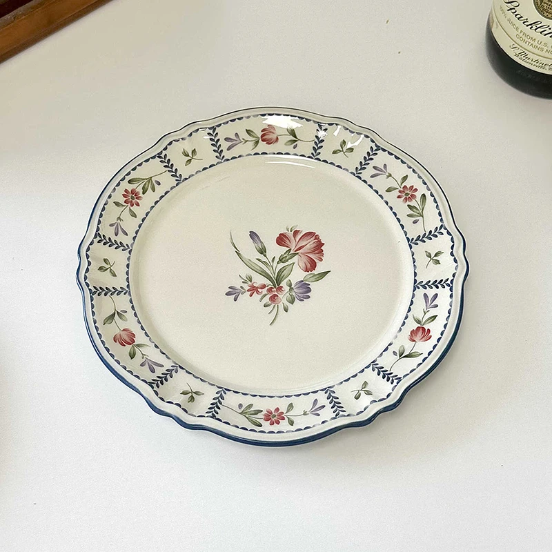 

French Printed Ceramic Plate Vintage Household Serving Plates High-end Western Style Pasta Disc Exquisite Patchwork Tableware