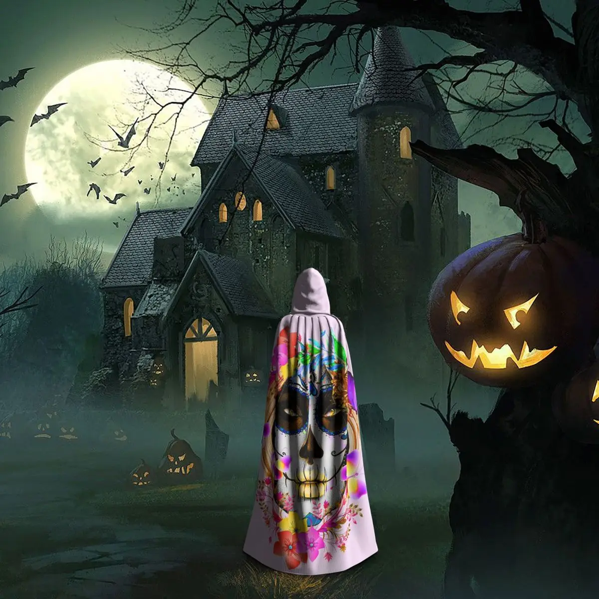 Catrina mexicana para niña, Día de los muertos, calavera de azúcar, capa larga con capucha, disfraz Medieval de bruja, capa de Cosplay, abrigo de Halloween Unisex