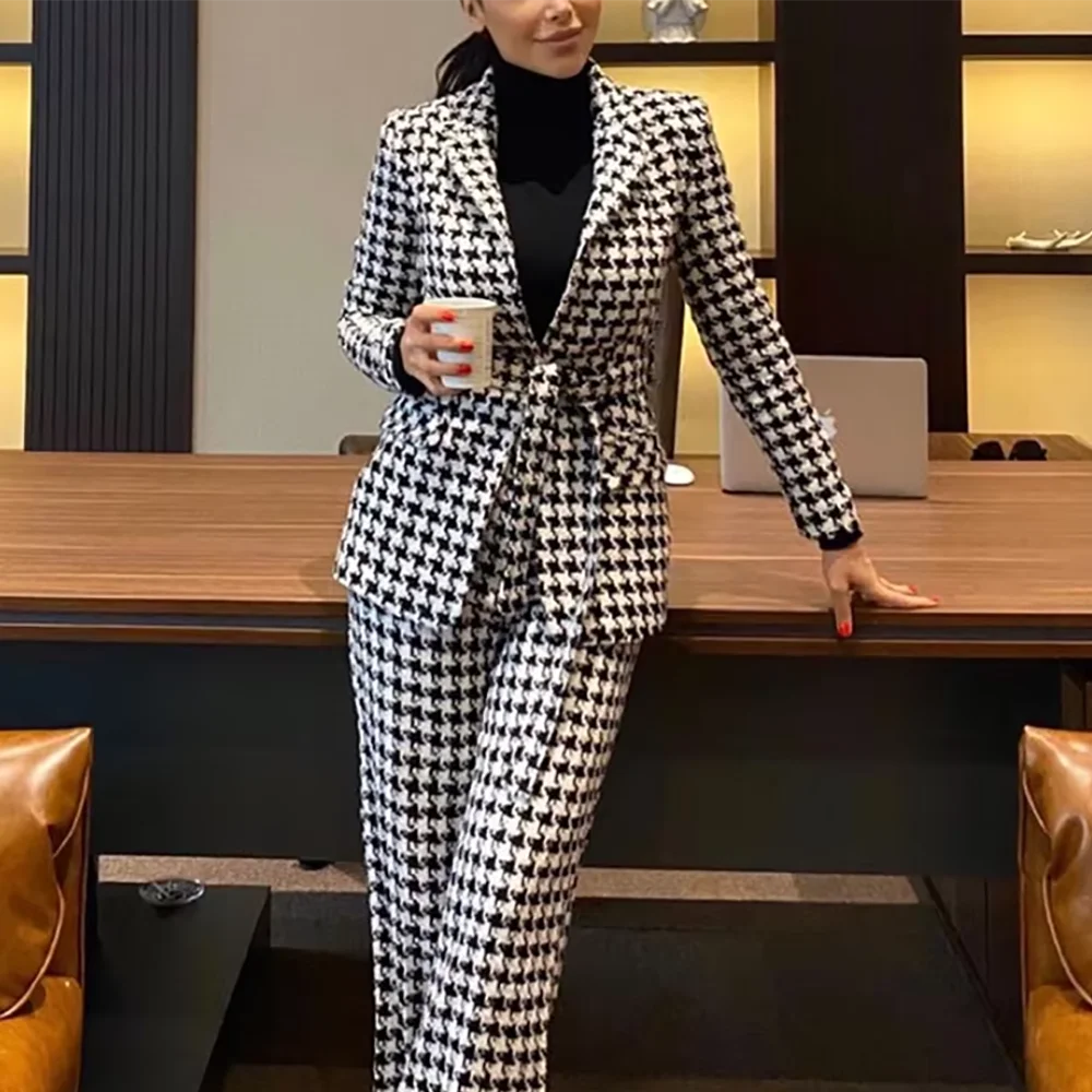 

Новый костюм с узором «гусиные лапки», из двух предметов, обычный приталенный, прямой, с остроконечными лацканами, модный пиджак с пиджаком, элегантные женские комплекты по индивидуальному заказу