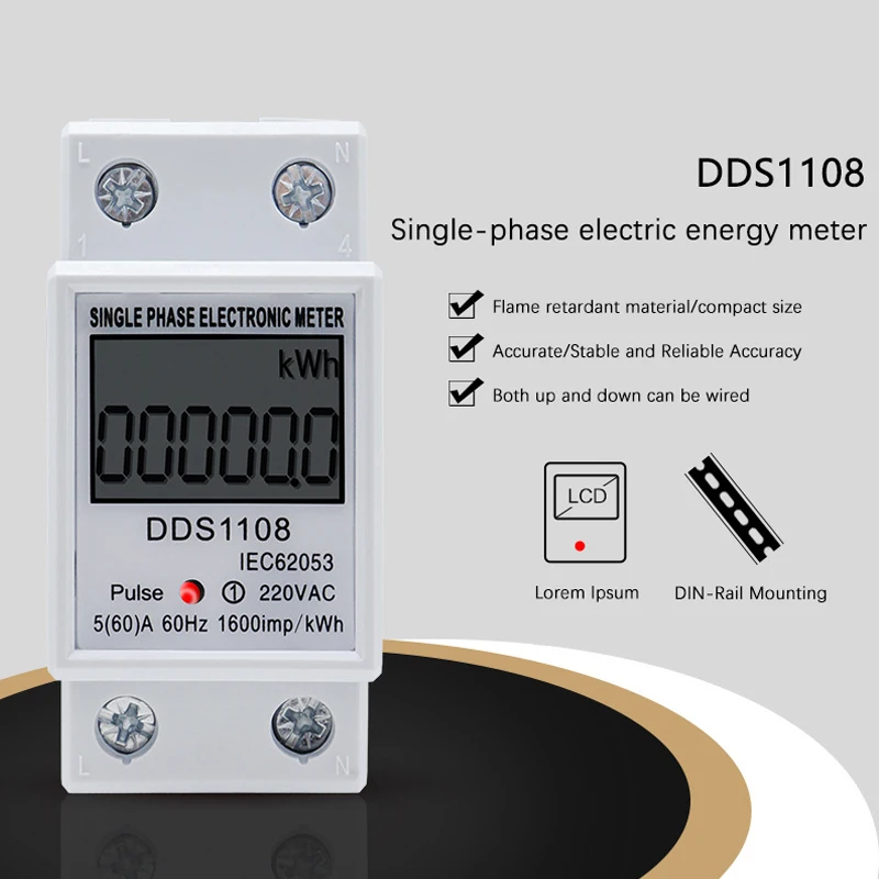 60A DDS1108 LCD Digital Display Single Phase Energy Meter With Backlight Single Phase Energy Meter Test Meters Detectors
