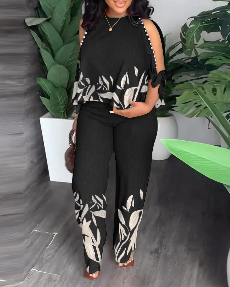

Summer Printed Beading 2 Piece Set Women Casual Two Piece Outfit Hollow Out Long Sleeve Top Straight Leg Pants Suit Tracksuit