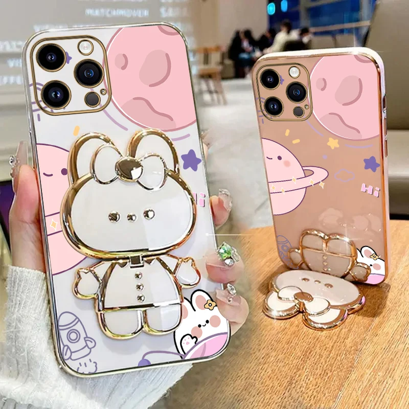 Planet Mirror Rabbit Phone Holder Case On For iPhone 14 11 12 13 Pro Max Mini 8 7 6 6S Plus 10 X Xr Xs Max SE 14pro 13mini Cover