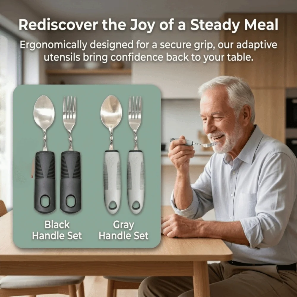 3Pcs Stainless Steel Adaptive Eating Utensils Bendable Portable Elderly Auxiliary Tableware Textured Handle Non-Slip
